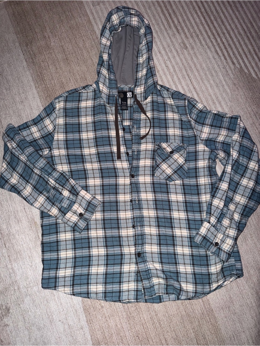 OP Blue and Cream Plaid Hooded Shirt with Gray Drawstrings